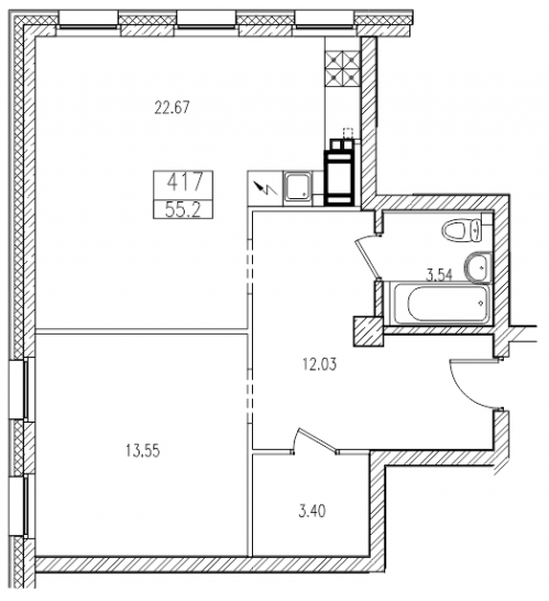 Двухкомнатная квартира 54.3 м²