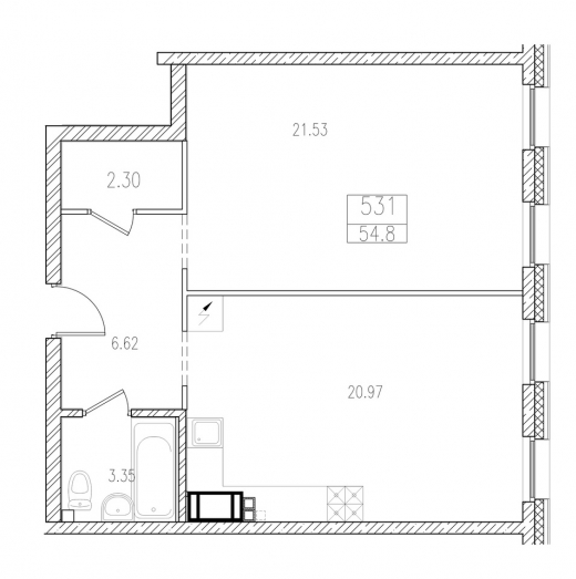 Двухкомнатная квартира 53.7 м²