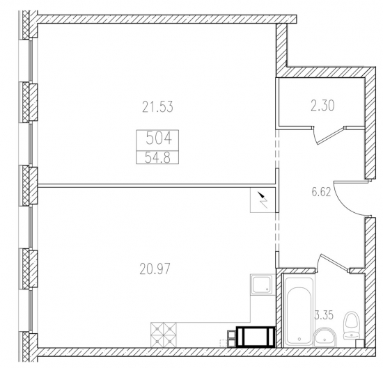 Двухкомнатная квартира 53.7 м²
