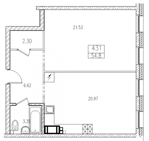 Двухкомнатная квартира 53.7 м²